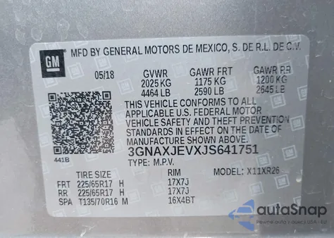 2018 Chevrolet Equinox Lt из США, поврежденный, VIN 3GNAXJEVXJS641751